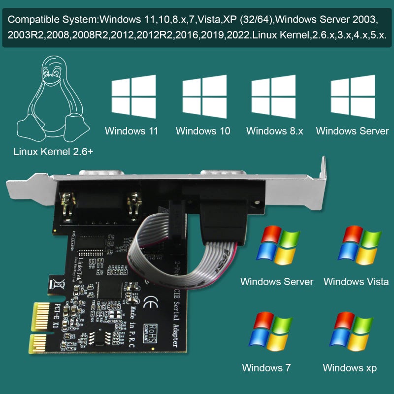 LinksTek 2-Port PCI Express RS-232 DB9 Serial Port Card for Windows XP, Vista,7, 8.x, 10, 11 32/64bit and Linux PCs, PCIE RS232 Card, PCIE Serial DB9 Port Card (PCIE-SE2) - Image 5