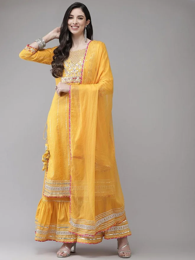 ISHIN ISHIN Women Mustard Yellow Embroidered Kurta with Sharara and Dupatta Set