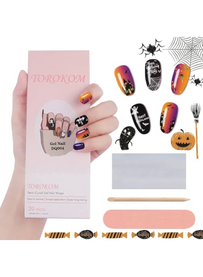 TOROKOM Halloween Cured Gel Nail Polish Strips Halloween Full Wrap Gel Polish Nail Art Sticker Strips Stickon Cured Gel Nail Wraps with PumpkinsSpidersGhosts Nail File and Stick - Image 1