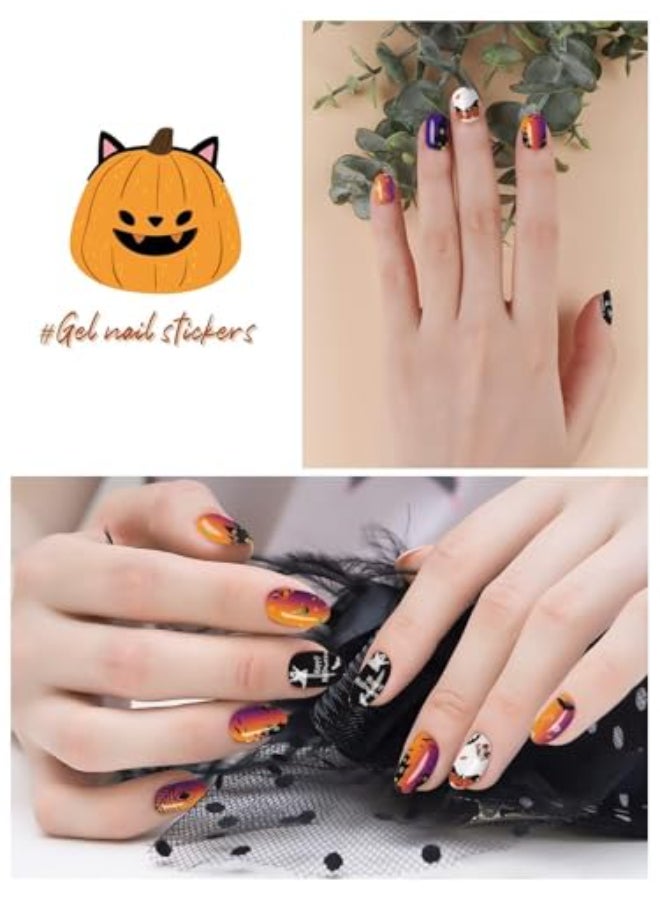 TOROKOM Halloween Cured Gel Nail Polish Strips Halloween Full Wrap Gel Polish Nail Art Sticker Strips Stickon Cured Gel Nail Wraps with PumpkinsSpidersGhosts Nail File and Stick - Image 3