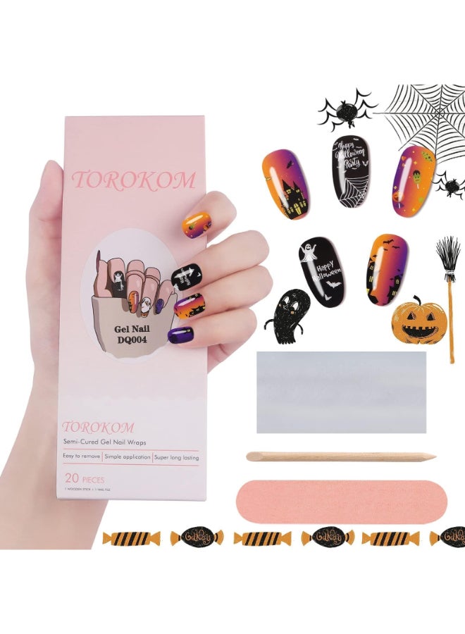 TOROKOM Halloween Cured Gel Nail Polish Strips Halloween Full Wrap Gel Polish Nail Art Sticker Strips Stickon Cured Gel Nail Wraps with PumpkinsSpidersGhosts Nail File and Stick - Image 2