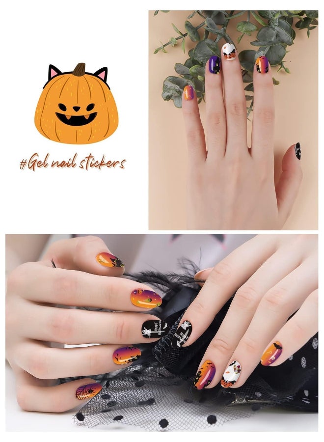 TOROKOM Halloween Cured Gel Nail Polish Strips Halloween Full Wrap Gel Polish Nail Art Sticker Strips Stickon Cured Gel Nail Wraps with PumpkinsSpidersGhosts Nail File and Stick - Image 4