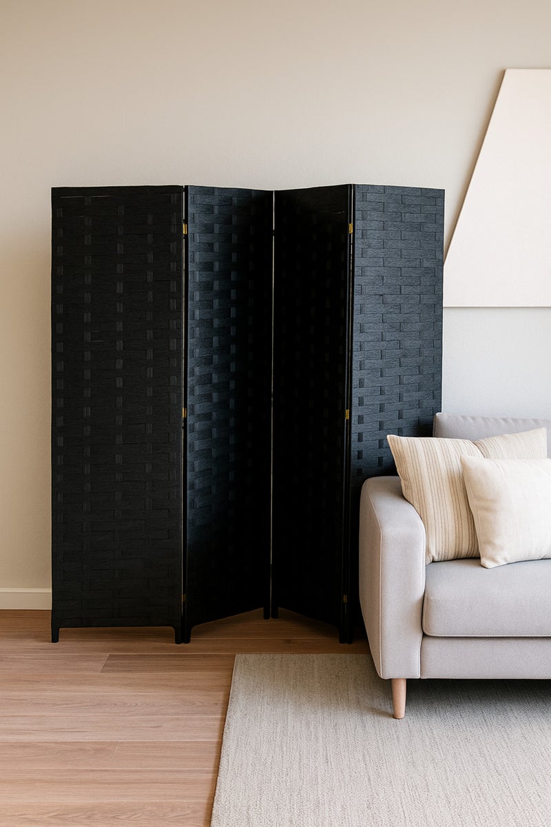 MARIA HOMES 4-Panel Woven Room Divider – 180×180 cm Foldable Privacy Screen in Elegant Black - Image 2