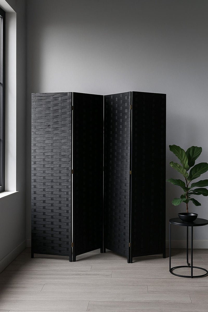 MARIA HOMES 4-Panel Woven Room Divider – 180×180 cm Foldable Privacy Screen in Elegant Black - Image 1