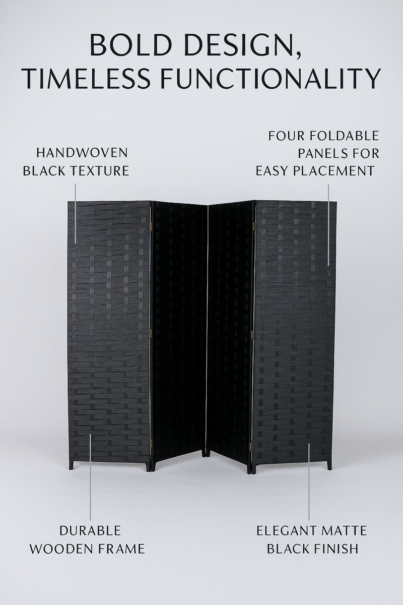 MARIA HOMES 4-Panel Woven Room Divider – 180×180 cm Foldable Privacy Screen in Elegant Black - Image 4