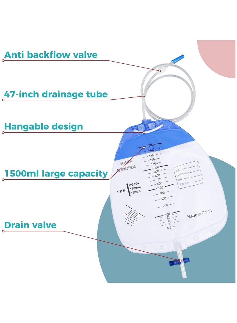 كيس تصريف البول مع غرفة مضادة للارتجاع، كيس بول بسعة 1500 مل، أنبوب تصريف بطول 1.2 متر، كيس بول طبي للاستخدام المنزلي والمستشفيات كمساعدات صحية (5 عبوات) - Image 2