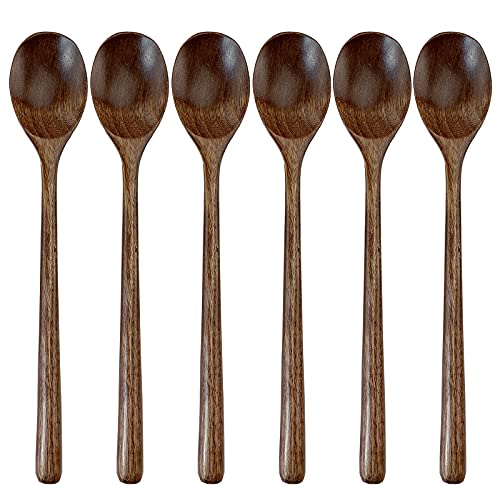 ADLORYEA Wooden Spoons for Eating, ADLORYEA 9 inch Small Wooden Soup Spoon Mixing Stirring Tasting, 6-Piece Dark Brown Wood Spoons for Soup and Korean Food, Eco Friendly Wooden Eating Utensils - Image 1