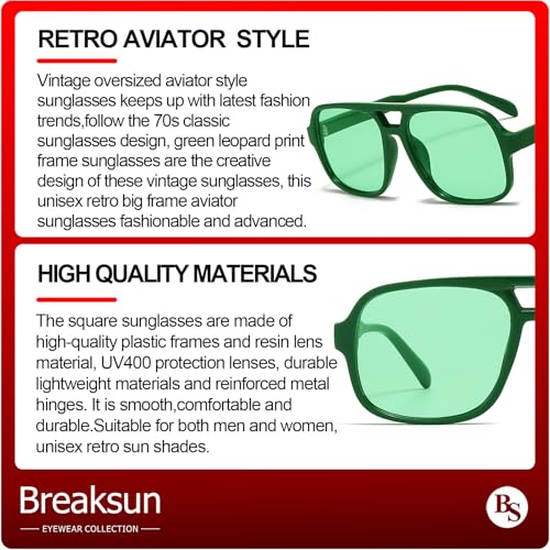 Breaksun Retro Aviator Sunglasses for Women Men Trendy Classic 70s Square Green Aviator Sun Glasses Vintage Shades (Green/Ocean green) - Image 4