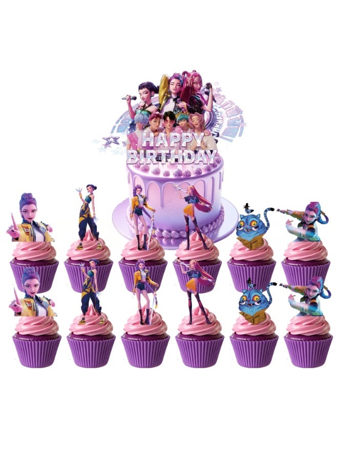 25pcs KPop Demon Hunters Cake Decorations, HUNTR/X Cake Toppers Set - 1 Large Demon Hunter Cake Topper + 24 Mini Cupcake Toppers for KPop Demon Hunters Birthday Decorations Supplies