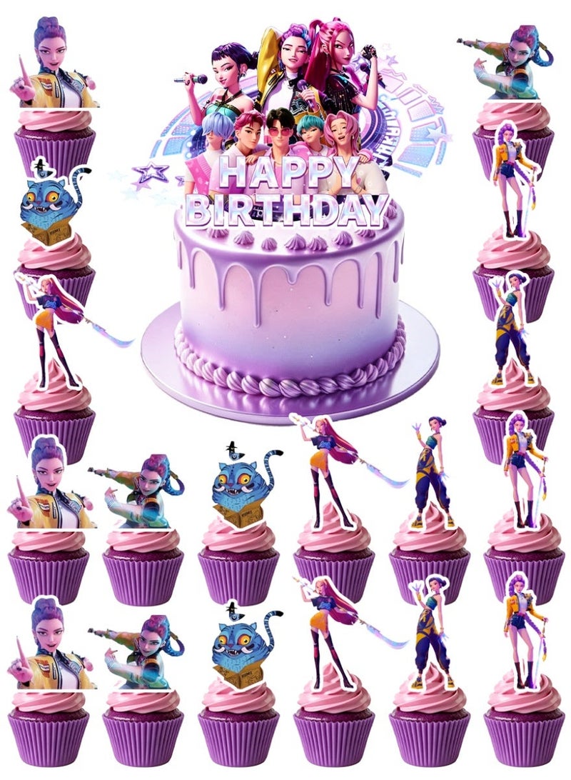 ILovhaprty 25pcs KPop Demon Hunters Cake Decorations, HUNTR/X Cake Toppers Set - 1 Large Demon Hunter Cake Topper + 24 Mini Cupcake Toppers for KPop Demon Hunters Birthday Decorations Supplies - Image 1