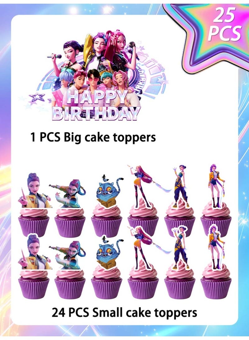 ILovhaprty 25pcs KPop Demon Hunters Cake Decorations, HUNTR/X Cake Toppers Set - 1 Large Demon Hunter Cake Topper + 24 Mini Cupcake Toppers for KPop Demon Hunters Birthday Decorations Supplies - Image 2