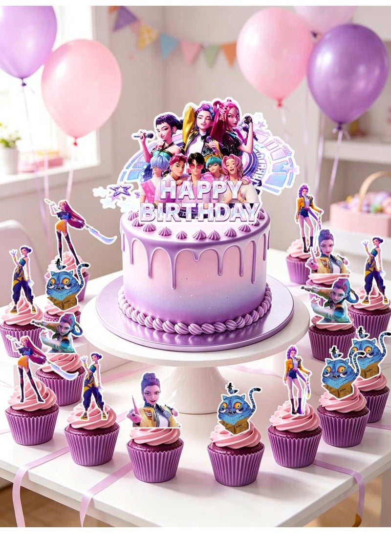 ILovhaprty 25pcs KPop Demon Hunters Cake Decorations, HUNTR/X Cake Toppers Set - 1 Large Demon Hunter Cake Topper + 24 Mini Cupcake Toppers for KPop Demon Hunters Birthday Decorations Supplies - Image 4