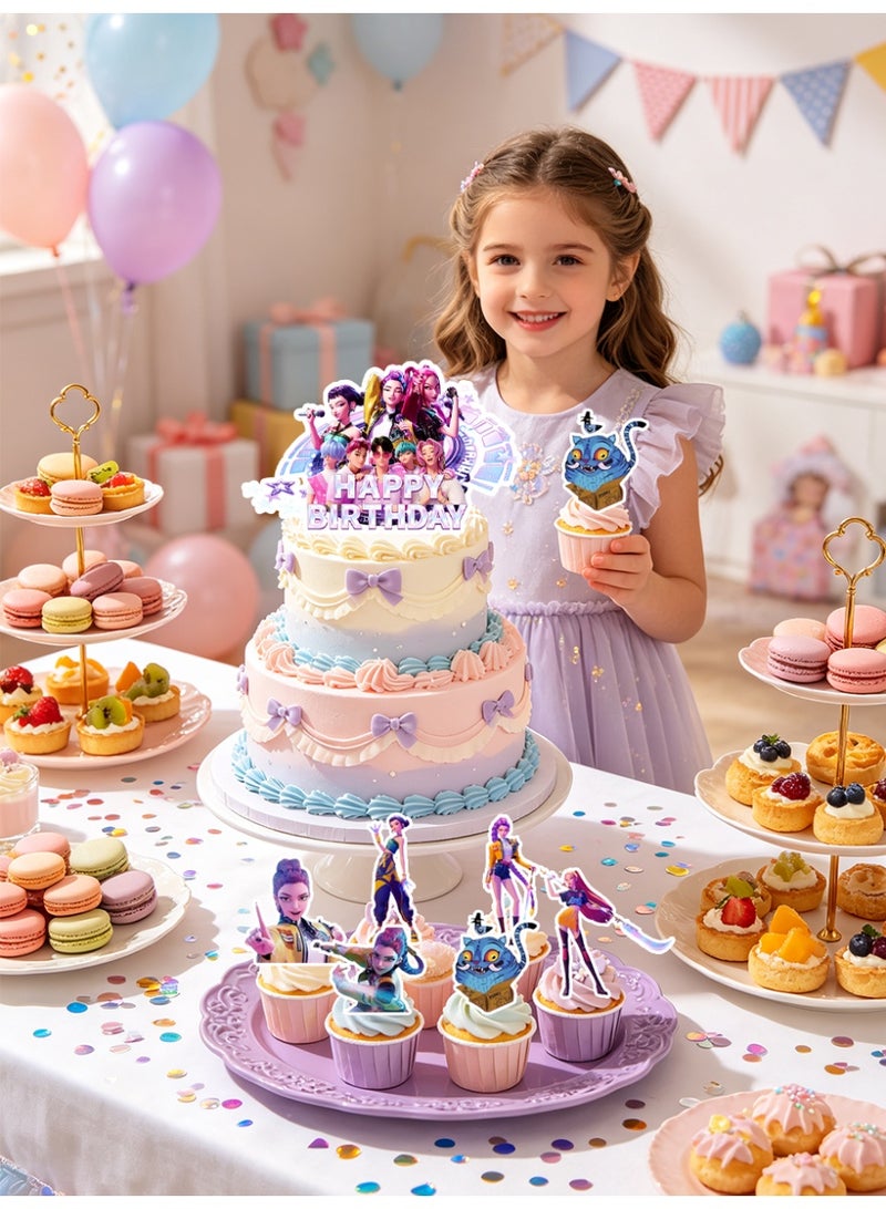 ILovhaprty 25pcs KPop Demon Hunters Cake Decorations, HUNTR/X Cake Toppers Set - 1 Large Demon Hunter Cake Topper + 24 Mini Cupcake Toppers for KPop Demon Hunters Birthday Decorations Supplies - Image 5