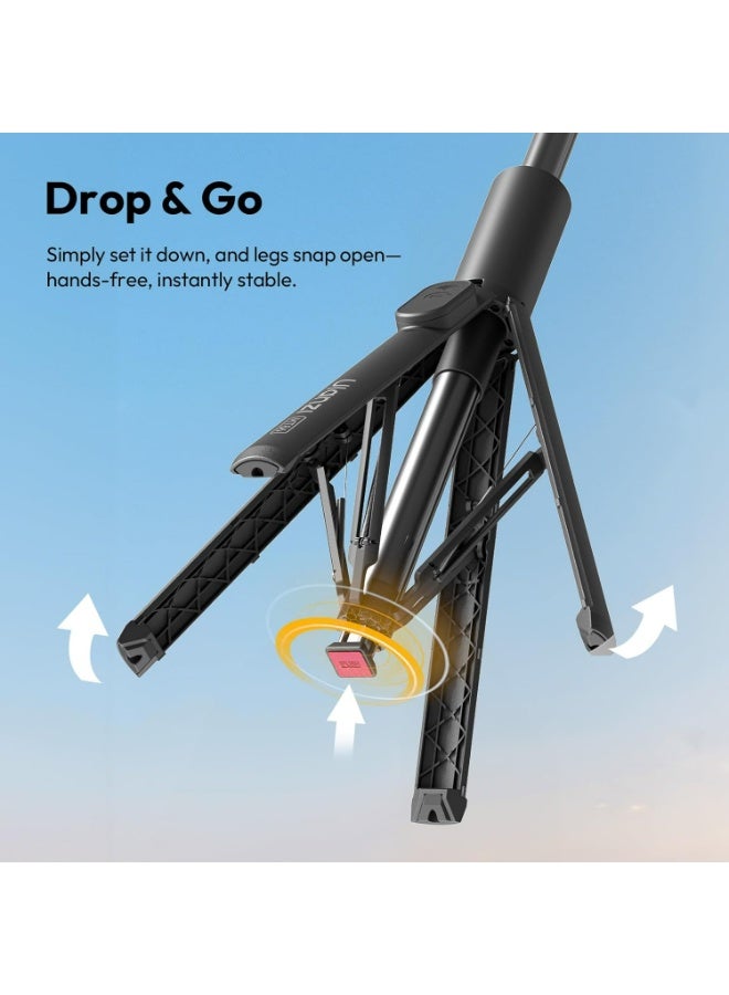 يولانزي حامل ثلاثي القوائم أوتوماتيكي للهاتف يولانزي MT86 بطول 60 بوصة مع جهاز تحكم عن بعد بتقنية البلوتوث، عصا سيلفي قابلة للتعديل والفتح التلقائي لأجهزة iPhone وAndroid، حامل ثلاثي القوائم محمول وقابل للتمديد للسفر لالتقاط صور السيلفي/التصوير المرئي، أسود - Image 2