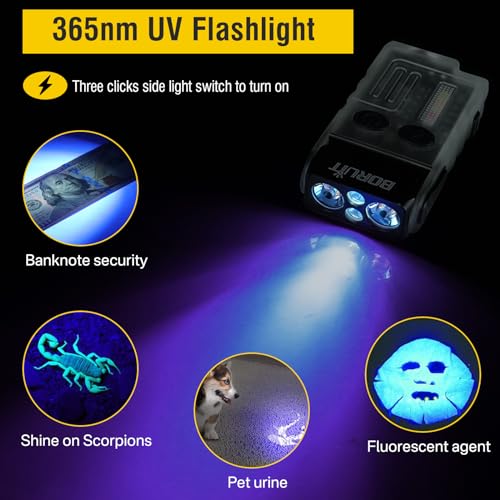 Boruit V20 Small Powerful Flashlight Super Bright with 365nm UV, Red Blue Green Warm Light, 180° Swivels, 110dB Buzzer, Mini Keychain Pocket Rechargeable LED Flashlights Usb EDC Clip Flash Light White - Image 5