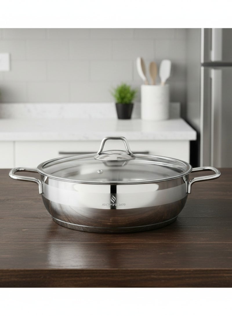 سوفرام قدر طبخ منخفض سوفرام استيل تركي غطاء زجاج مقاس 30 سم - Image 1