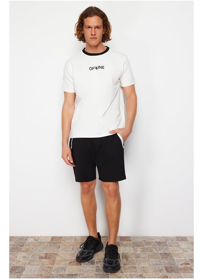 trendyol Ecru-Black Regular/Normal Cut Embossed Text Print T-Shirt-Shorts Tracksuit Set TMNSS24EM00006  - Image 2