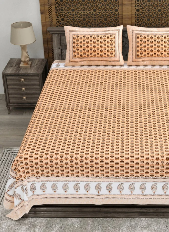 CLOTHOLOGY CLOTHOLOGY Brown & White Printed Pure Cotton 180 TC King Bedsheet Set