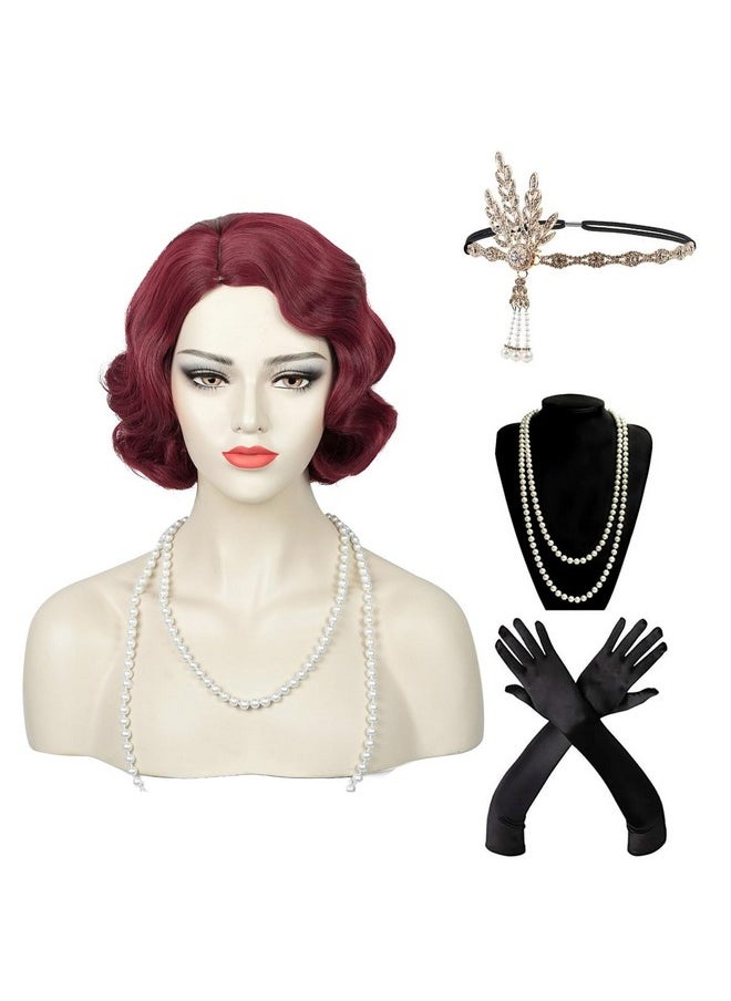Probeauty Probeauty Dark Red 1920s Wig for Women Short Finger Curly Wavy Hair Wig Synthetic Vintage Flapper Cosplay Wigs for Halloween Costume Party Dress  - Image 1