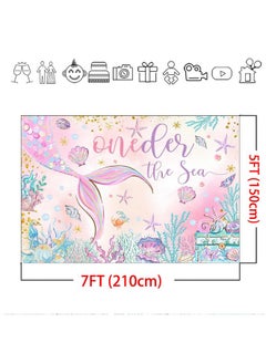 Mocsicka Oneder The Sea 1St Birthday Backdrop 7X5Ft Pink Mermaid Under The Sea Happy First Birthday Party Decorations For Girls Starfish Shell Seaweed Photography Background  - Image 4