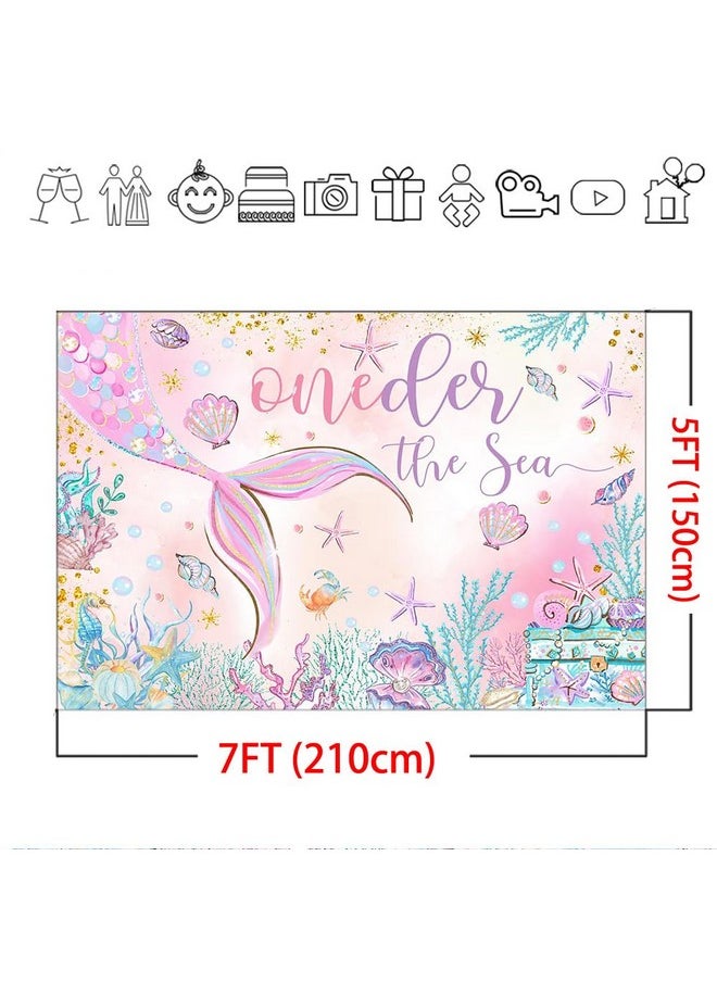 Mocsicka Oneder The Sea 1St Birthday Backdrop 7X5Ft Pink Mermaid Under The Sea Happy First Birthday Party Decorations For Girls Starfish Shell Seaweed Photography Background  - Image 4