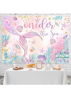 Mocsicka Oneder The Sea 1St Birthday Backdrop 7X5Ft Pink Mermaid Under The Sea Happy First Birthday Party Decorations For Girls Starfish Shell Seaweed Photography Background  - Image 2