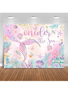 Mocsicka Oneder The Sea 1St Birthday Backdrop 7X5Ft Pink Mermaid Under The Sea Happy First Birthday Party Decorations For Girls Starfish Shell Seaweed Photography Background  - Image 1