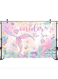 Mocsicka Oneder The Sea 1St Birthday Backdrop 7X5Ft Pink Mermaid Under The Sea Happy First Birthday Party Decorations For Girls Starfish Shell Seaweed Photography Background  - Image 3