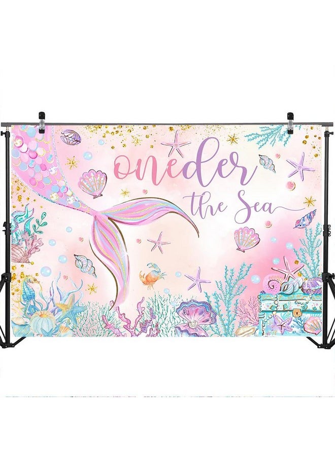 Mocsicka Oneder The Sea 1St Birthday Backdrop 7X5Ft Pink Mermaid Under The Sea Happy First Birthday Party Decorations For Girls Starfish Shell Seaweed Photography Background  - Image 3