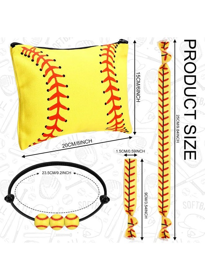 Hicarer 36 Pieces Softball Team Gifts Set Includes 12 Charm Bracelets 12 Pouch Small Portable Travel Makeup Bag 12 Scrunchies Elastic Hair Ties for Women Men - Image 2