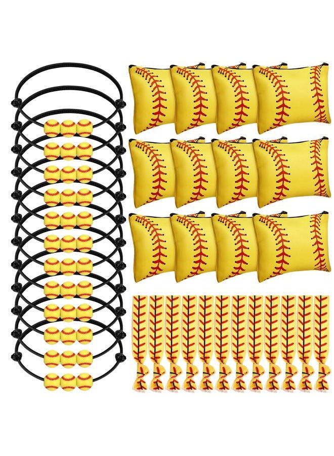 Hicarer 36 Pieces Softball Team Gifts Set Includes 12 Charm Bracelets 12 Pouch Small Portable Travel Makeup Bag 12 Scrunchies Elastic Hair Ties for Women Men - Image 1