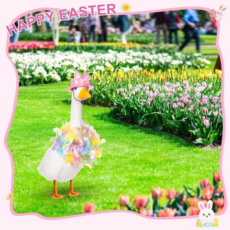 Jeere Easter Bunny Goose Outfits Including 2 Pcs Tinsel Garlands and 1 Pcs Goose Hat Decor for 17'' 23'' Cement/Plastic Porch Statue - Image 4