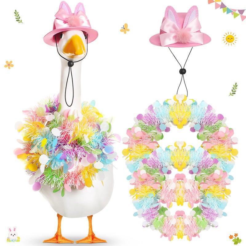 Jeere Easter Bunny Goose Outfits Including 2 Pcs Tinsel Garlands and 1 Pcs Goose Hat Decor for 17'' 23'' Cement/Plastic Porch Statue - Image 1