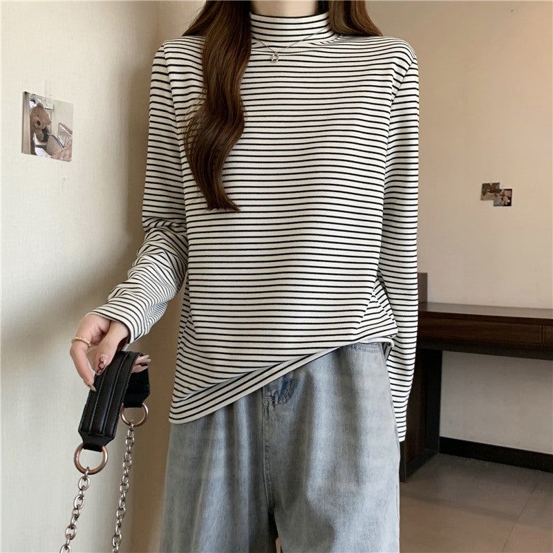 Fleece-Lined Velvet T-Shirt Women'S Plus Size Striped Long-Sleeved Inner Warm Top Women'S Semi-High Collar Base Shirt - Image 1
