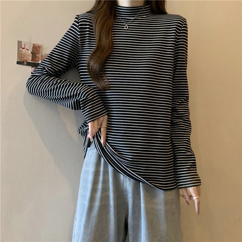 Fleece-Lined Velvet T-Shirt Women'S Plus Size Striped Long-Sleeved Inner Warm Top Women'S Semi-High Collar Base Shirt - Image 4