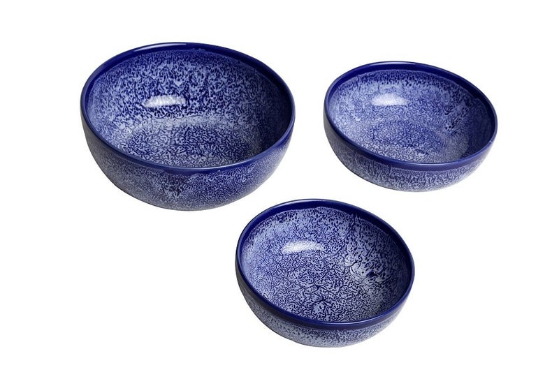 Caffeine Ceramic Handmade Blue Crackle Serving Bowl (Set of 3) - Image 3