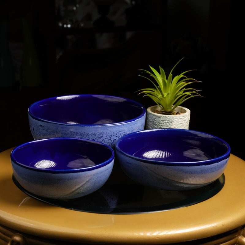 Caffeine Ceramic Handmade Blue Crackle Serving Bowl (Set of 3) - Image 1
