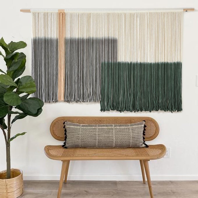 MACRAME WALL HANGING GREEN LARGE DIP DYE FIBER WALL ART BOHEMIAN YARN TAPESTRY WALL DCOR 57W35L