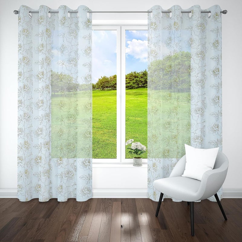Parda Online 7Ft Beige Sheer Tissue with Embroidery Floral Design Eyelet Window Curtain - Pack of 2 - Image 1