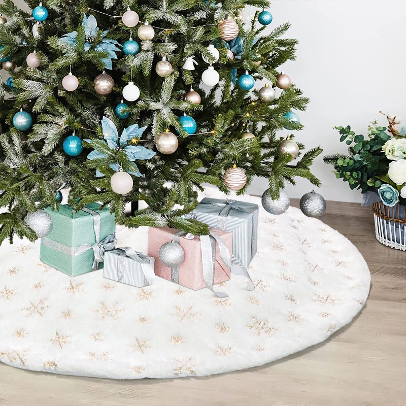 Dremisland Christmas Tree Skirt 36 Large WhiteGold Luxury Faux Fur Tree Skirt with Snowflakes Super Soft Thick Plush Tree Skirt for Xmas Tree Decoration Golden 36inch90cm