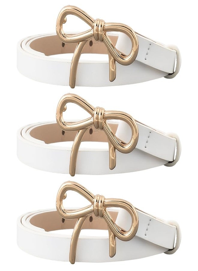 CALFOVERA 3PCS 0.5 Inch Width Thin Waist Belts White PU Leather Bow Skinny Belts with Gold Alloy Bowknot Buckle Elegantes Adjustable Slim Leather Waist Strap for Women Ladies Dresses Jeans Pants - Image 1