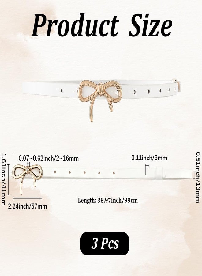 CALFOVERA 3PCS 0.5 Inch Width Thin Waist Belts White PU Leather Bow Skinny Belts with Gold Alloy Bowknot Buckle Elegantes Adjustable Slim Leather Waist Strap for Women Ladies Dresses Jeans Pants - Image 2