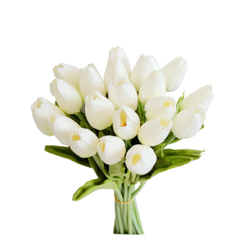 Mandy's Artificial Tulips 20 Stems White PU Faux Flowers for Thanksgiving and Christmas Decorations Wedding Home Decor 13.5 Inch - Image 1