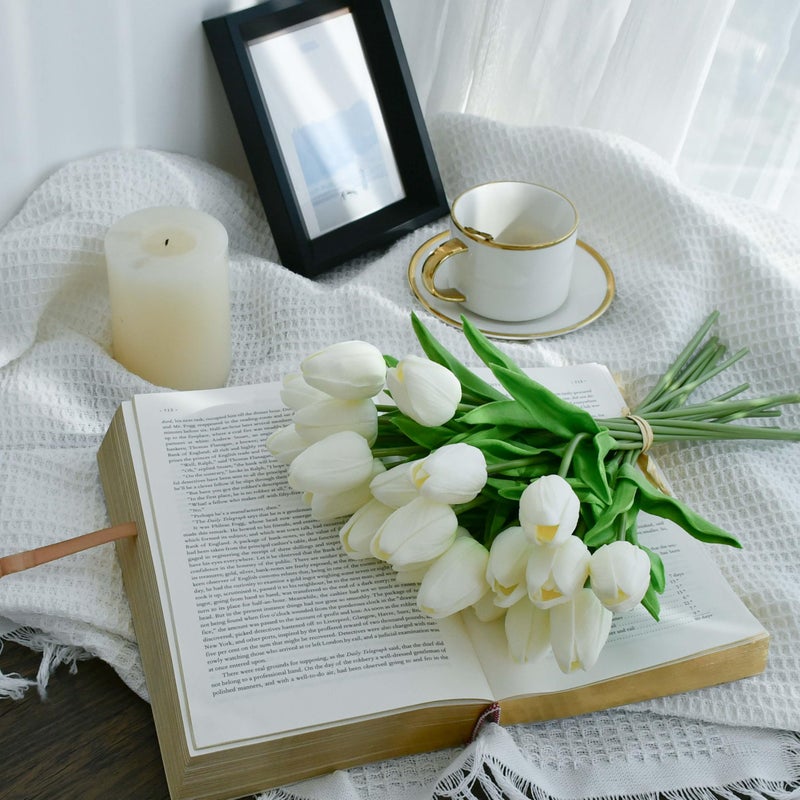 Mandy's Artificial Tulips 20 Stems White PU Faux Flowers for Thanksgiving and Christmas Decorations Wedding Home Decor 13.5 Inch - Image 3