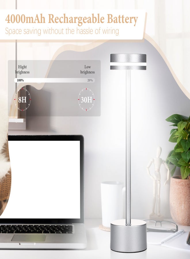 مصباح طاولة LED لاسلكي، مصباح جانبي معدني، تحكم باللمس، إضاءة قابلة للتعديل بثلاثة ألوان، بطارية قابلة للشحن 4000 مللي أمبير، مصباح مكتب ليلي لغرفة النوم، غرفة الطعام، البار، المطعم، أو المقهى - Image 3