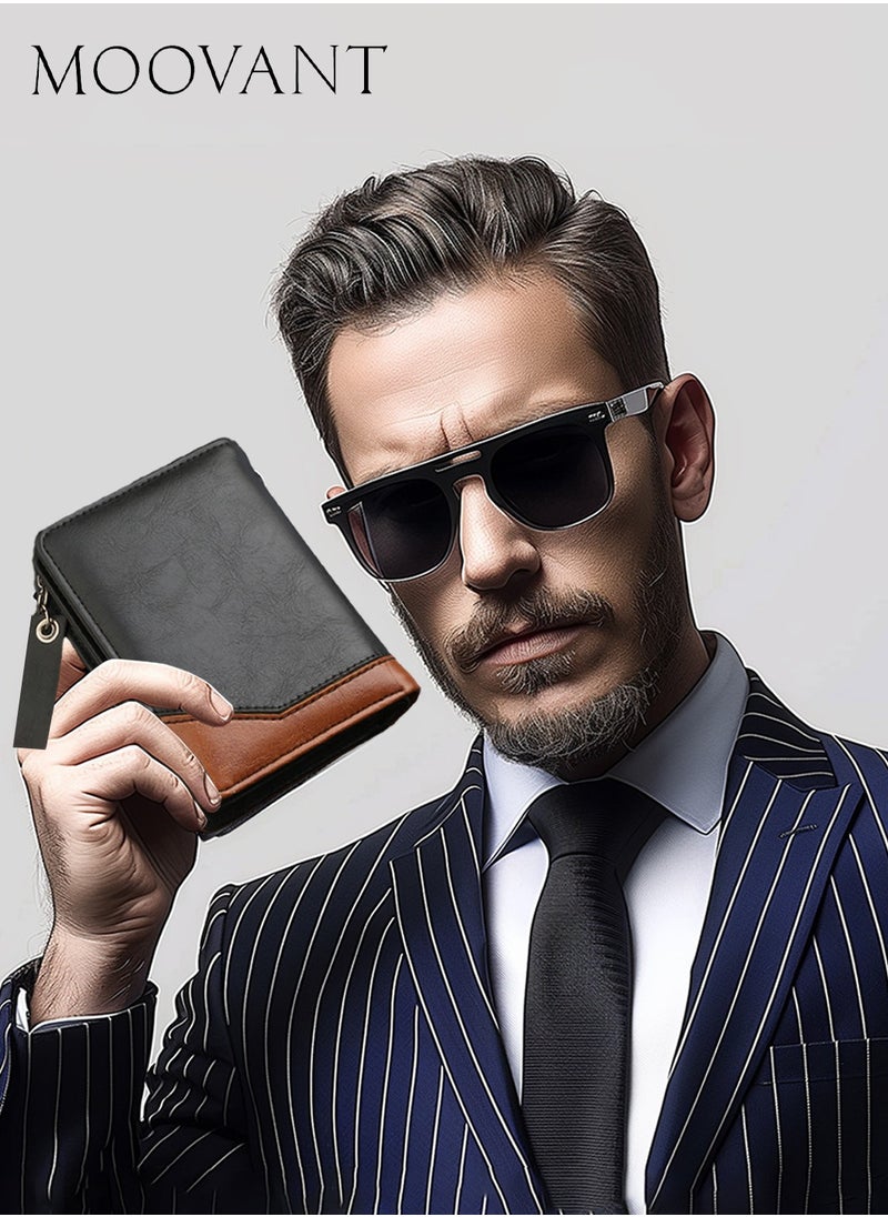 Moovant - Leather Wallet for Men, Fashion & Business Leather Purse Wallet, Card Holder Wallet, Coin Bag, Cash Clip Small Wallet, Black/Brown - Image 1