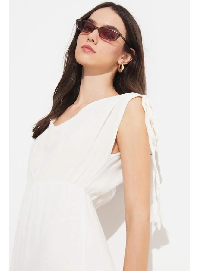 جون June Women Skater 100% Cotton V-Neck Slit Detailed Maxi Dress White