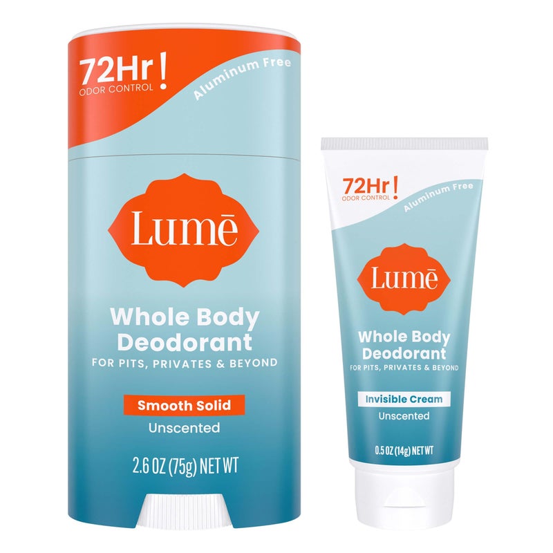 Lume Whole Body Deodorant  Invisible Cream Tube Mini  Solid Stick Bundle  72 Hour Odor Control  Aluminum  Baking Soda Free Skin Loving Unscented