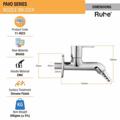 Ruhe® Pavo Brass Faucet/Tap | Nozzle Bib Cock Faucet/Tap | with Chrome Finish | for Washing Machine and Garden Pipes - Image 2