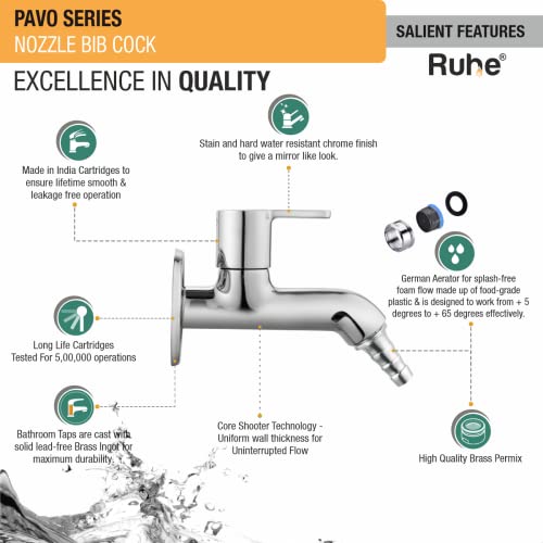 Ruhe® Pavo Brass Faucet/Tap | Nozzle Bib Cock Faucet/Tap | with Chrome Finish | for Washing Machine and Garden Pipes - Image 3
